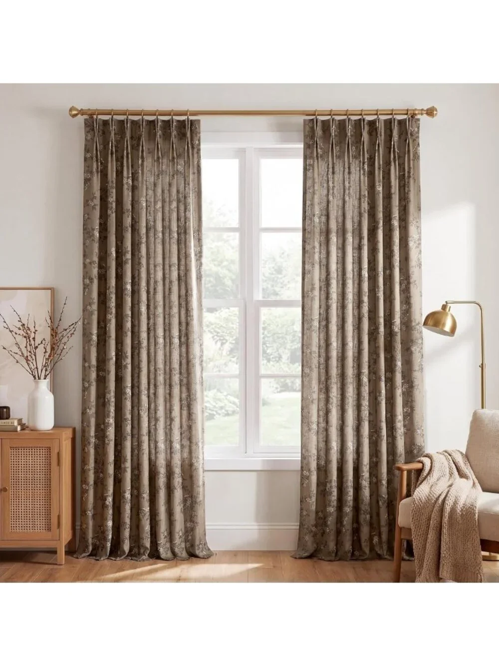 Elegant Brown Linen Pinch Pleat Curtains | Floral Fall Home Decor 96